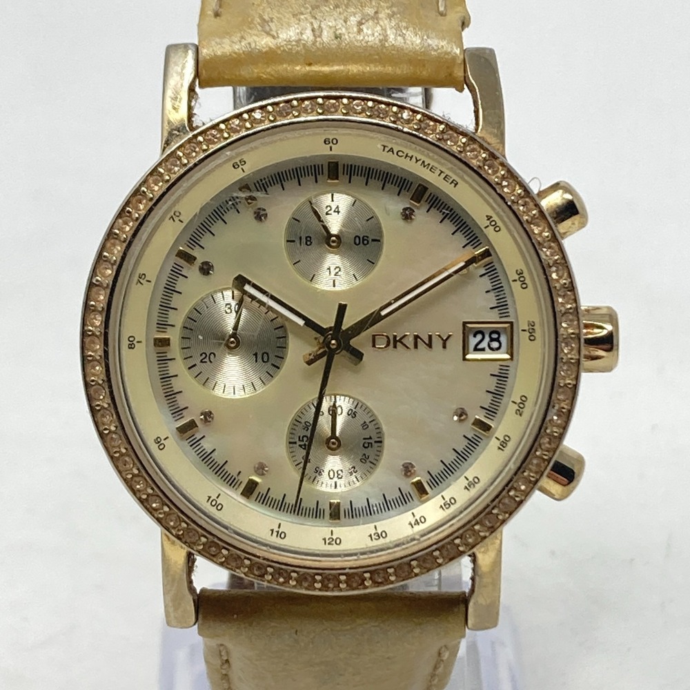 DKNY Women's Chronograph Watch 36mm Gold Tone Crystals Date MOP Dial New Battery